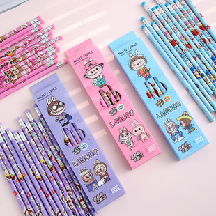 Labubu 12-Piece Leather Pencil Hb Primary School Student Stationery Animation Peripheral Popular Cartoon Cute Popular Labubu
