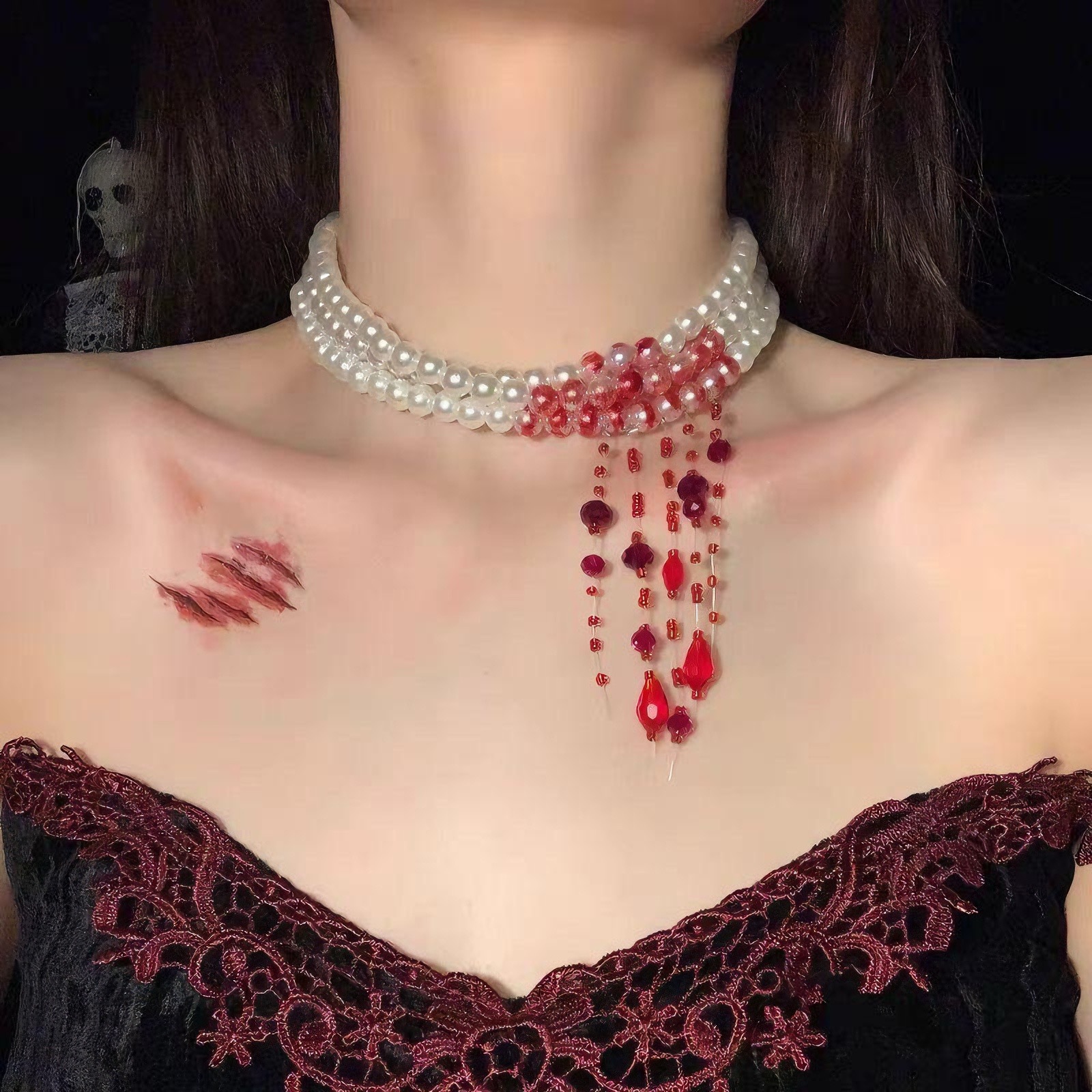Halloween Gothic Style Vampire Bleeding Pearl Choker Necklace Ghost Bride Cos Accessories Clavicle Chain Necklace