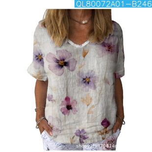 2024 Cross-borDer New 3D Retro Floral Pattern Summer Easiest for Match V Neck Short Sleeve Temperament Elegant European anD American Women's Top