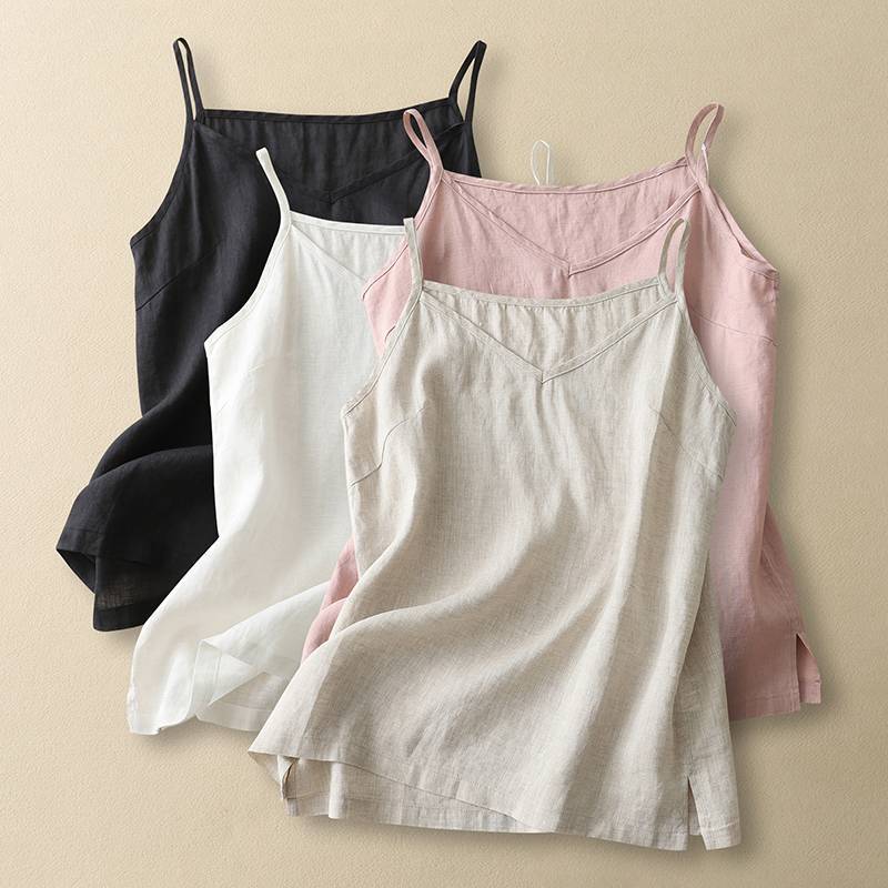솔리드 컬러 코튼과 린넨 예술적 칼라 캐미솔 여름 여성 루즈 아우터 민소매 탑 이너 레이어드 셔츠