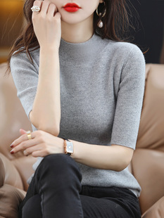 Suit Base Shirt Women's Inner Half-High Neck Half-Sleeve Black Slim-Fit Thin Sweater High-grade Middle Sleeve Sweater