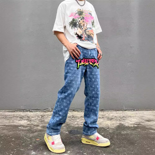 2022 American-style High Street Flocking Embroidered Gradient Jeans Men's Ins Trendy Brand Loose Straight Tube Full Print Logo Pants