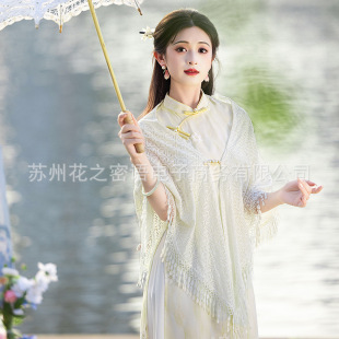 Шаль Cheongsam абрикосовый треугольный шарф, новый летний этнический стиль с кисточками, тонкая женская верхняя одежда в литературном стиле ретро, ​​супер фея
