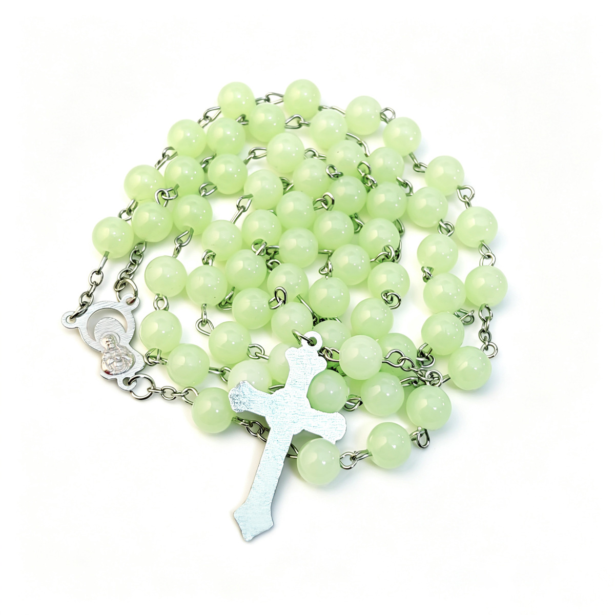 Foreign Trade Cross-Border 8mm Luminous Round Bead Cross Party Necklace Beaded Long Sweater Chain for Men and Women Gift Wholesale