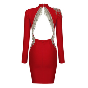 2022 cross-border new bandage dress European and American style fashion trend high round neck long sleeve slim hip skirt