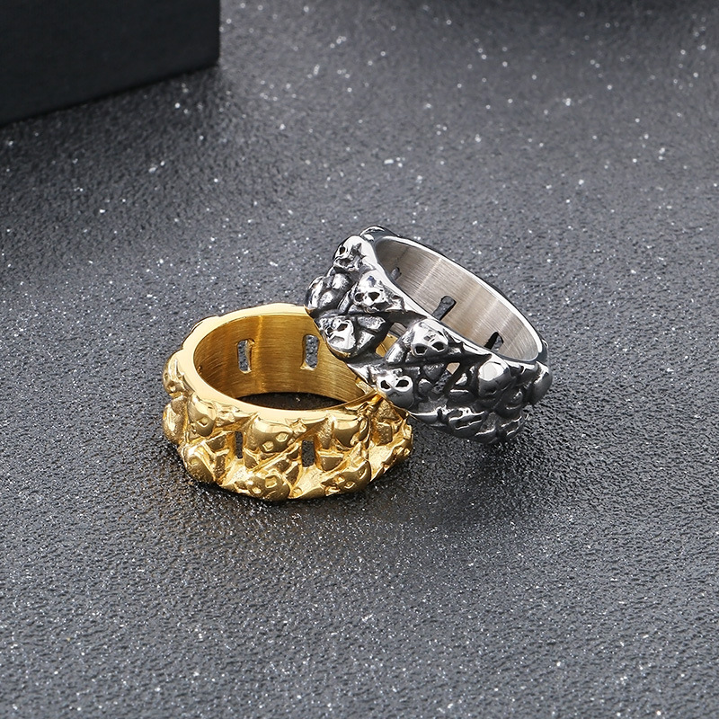 Punk Style Stainless Steel Skull Ring for Men, Personalized Dark Style Street Accessories, Skull Chain Link Ring Wholesale