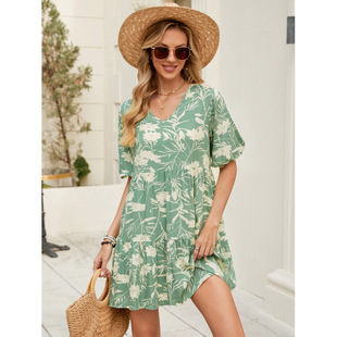 Real shot in stock European and American cross-border rayon new printed V-neck loose large swing short sleeve dress