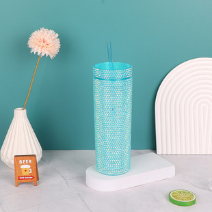 Foreign trade selection double-layer diamond plastic cup 16OZ straight suction pipe cup personality party commuter cup factory wholesale