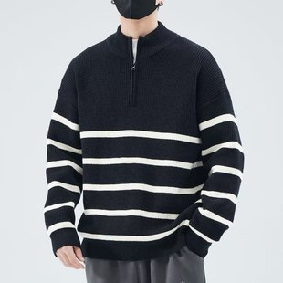 Half-turtleneck zipper striped sweater men's autumn and winter 2024 new loose pullover base sweater boys fashion brand