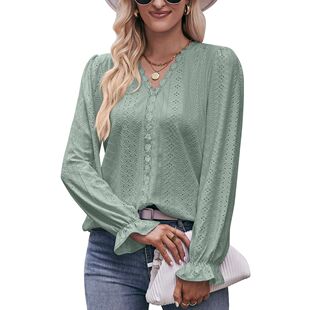 Autumn 2023 New European and American Foreign Trade Women's Amazon Solid Color T-shirt Hole Lace V-neck Long Sleeve Top