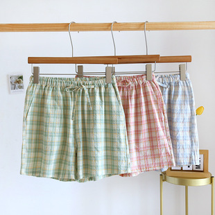 Cotton Gauze Summer Plaid Pajama Pants Women's Single Shorts Home Dormitory Five-point Pants Washable Cotton Thin Home Pants