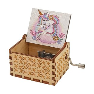 Wooden animation hand-cranked music box Katong color printing carving a variety of music box gifts wooden crafts ornaments