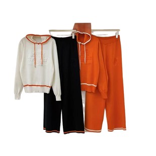 Foreign Trade 2025 New Knitted Women's Suit Hooded Printed Casual Top Loose Slimming Wide Leg Pants Two-piece Set