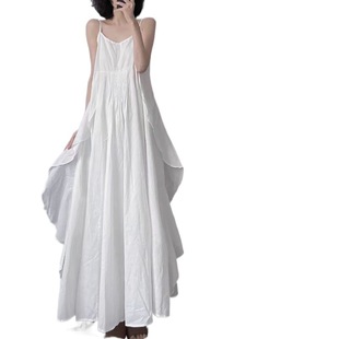 Japanese Style Sleeveless Fresh Style Slip Dress 2024 Summer Artistic Pleated Solid Color Long Dress Slip Irregular Dress