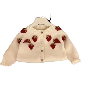 2024 autumn and winter new girls western style strawberry embroidery wool knitted cardigan sweet single breasted top coat long sleeve