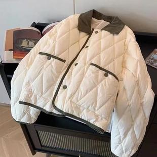 Korean-style Contrast Lapel Rhombic Cotton-padded Jacket Women's Early Autumn 2024 New Short Quilted Jacket Other