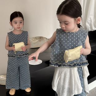 Girls' Casual suit 2025 Summer New Children's Korean Poll Dot Sleeveless Vest Children's Trousers Two-piece Set