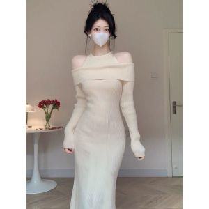 2024 New French Fake Two-Piece Knitted Sweater Dress Women's Autumn and Winter Coat with Hip Skirt Long Skirt