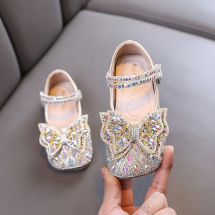 2025 Spring and Autumn New Lady Baby Girl Girl Princess Diamond Shoes Leather Shoes Dance Shoes