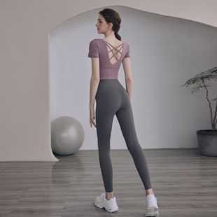 Yoga clothes suit Cross back quick-drying with chest pad tight slimming tight running sexy fitness short sleeve ladies