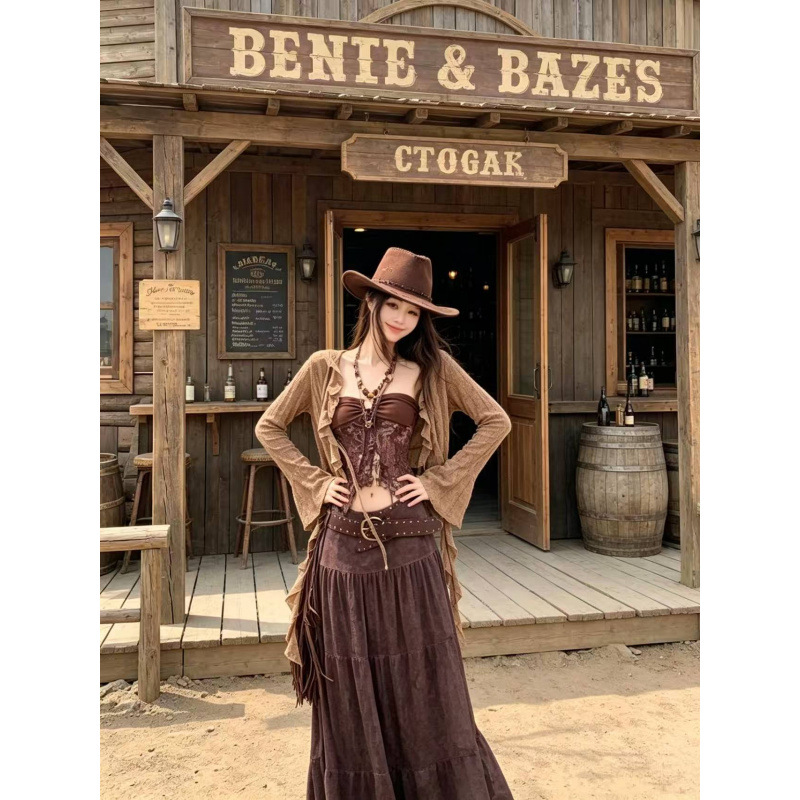 Wasteland-Style Vacation Travel Outfit Three-Piece Set: Asymmetrical Cardigan + Sleeveless Camisole + A-Line Skirt