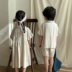 Children's summer suit boys' linen short sleeve 2024 New Baby summer clothes girls' dress brothers and sisters