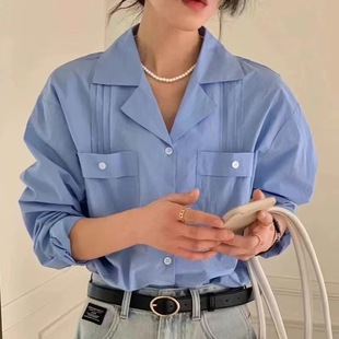 Dongdaemun South Korea New Fashion Elegant Double Pocket Design Sense All-match Dress Collar Commuter Women's Long Sleeve Shirt