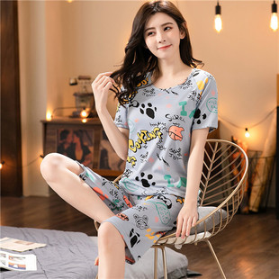 Pajamas Women's Summer 2025 New Spring and Summer Short Sleeve Cute Loose Capri Pants Home Suit Two-Piece Suit Summer