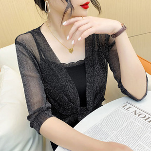 Cross-border Summer Breathable Sun-protective Suit Small Shawl Coat Women's Cardigan Mesh Short Outer-style Sunscreen Gold and Silver Silk
