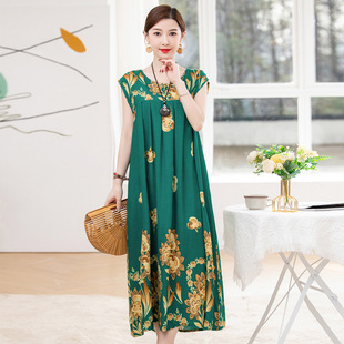 Summer New Dress Women's Large Size 200 Jin Mother's Loose Dress Cotton Silk Printed Over-the-Knee Dress