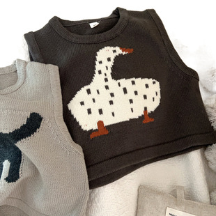 Children's Cartoon Jacquard Knitted Vest 2025 Spring and Autumn Boys' Cute Round Neck Sweater Vest Girls' Sleeveless Waistcoat