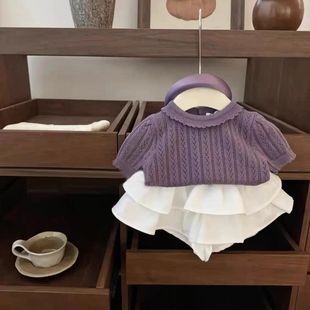 Purple Ballet Baby Girl Hollow Lace Knitted Top Princess Cake Dress suit Trendy 50063