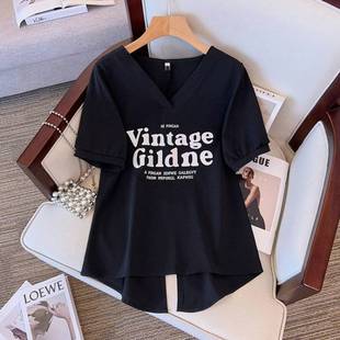 Women's plus size Women's Rear Split Short-sleeved T-shirt Women's Summer 2024 New Korean-style Loose Slimming Flesh Covering V-neck Top for Women
