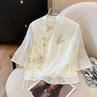 New 2025 Summer New Guofeng Tea Clothing Shirt Girl's Small New Chinese Embroidered Heavy Industry Top