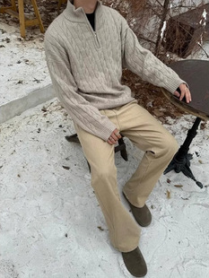 Embossed Hemp Pattern Thick Needle British Style Half Zip Sweater Men's Winter High-end Middle Neck Inner Sweater Jacket