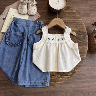 Korean Foreign Trade Children's Wear 2025 Summer New Embroidered Vest and Denim Wide Leg Pants Two-Piece Cute Women's suit