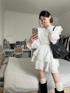 White Ruffled V-neck Long-sleeved Shirt Top Women's Spring Elegant suit Skirt High Waist Skirt Two-piece Set