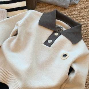 South Korea children's clothing boy POLO collar sweater 2024 autumn and winter new foreign style fashionable contrast color children's sweater top