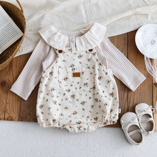 Baby and Young Children's 2024 Autumn New Printed Strap Baby Girl's Ha Clothes Solid Color Thread Base Shirt Top suit