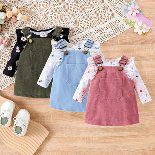 Cross-border Foreign Trade Children's Wear Korean Style Autumn and Winter Girls' Lace Long-sleeved Printed Fart Top Coarse Tweed Strap Skirt Two-piece Set