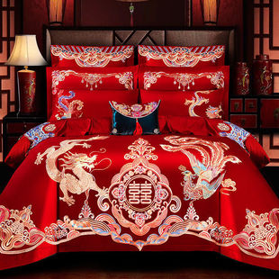 New Chinese-style Dragon and Phoenix Embroidery Wedding Four-piece Set Big Red Happy Quilt 120 Cotton Wedding Bed Little Red Book