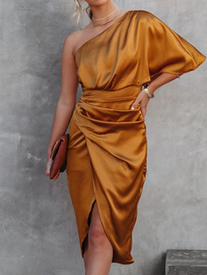 Cross-border independent station Amazon new women's sexy unilateral sleeve rose segment irregular skirt dress evening dress