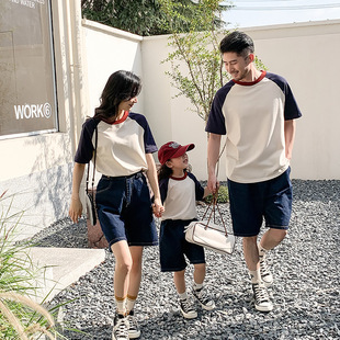 Korean-style Contrasting Color Short-sleeved T-shirt Parent-child 2023 New Summer Family Clothes Casual Activity Performance Clothes for a Family of Three