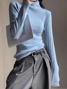Baby Blue Semi-high Collar Base Shirt Women's Spring New High-end Super Good-looking Long-sleeved Slim-fit Slim-fit Inner Top