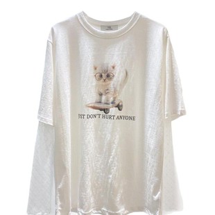in stock YES South Korea Dongdaemun 25 Spring and Summer New Cute Cat Printing Pattern Stitching Long Sleeve Sunscreen T-shirt