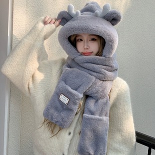 New Winter Girls' Cute Plush Hat, Gloves, Scarf, Mask, One-piece Winter Ear Protection, Windproof Fleece-lined Scarf