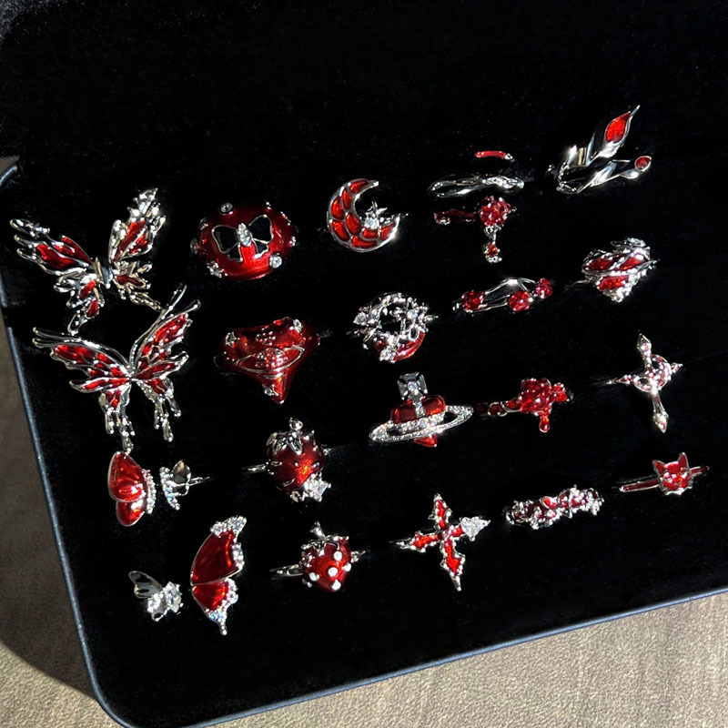 Sweet and Cool Red Series Strawberry Star and Moon Open Ring Female Star Butterfly Chasing Light Niche Design Ins Trendy Ring