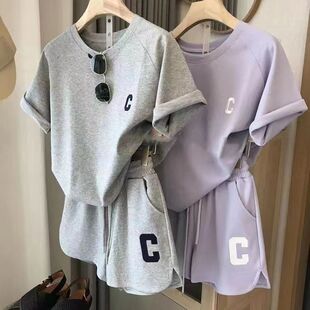 Summer New Fashion Casual Sports suit C Letter Embroidered Short-sleeved Shorts Internet Celebrant Two-piece Set with Reduced Collar