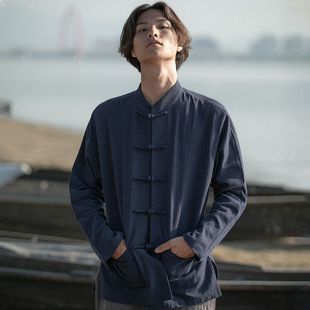 Chinese Style Tang Style Fashion Brand Retro Youth Top Men's Chinese Spring and Autumn Middle-aged and Elderly Long-sleeved Coat Shirt with Buckle