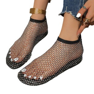 2024 Summer New Round Toe Sandals Mesh Flat Hollow Fishing Net Diamond Short Boots Sexy plus size Flat Women
